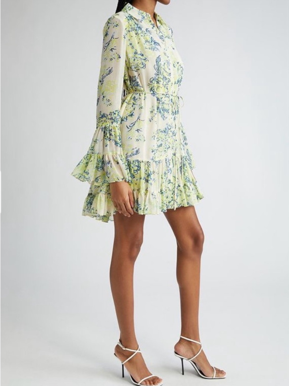 Cinq a Sept Lyra Light Yellow and Green Floral Flounce Long-Sleeve Mini Dress